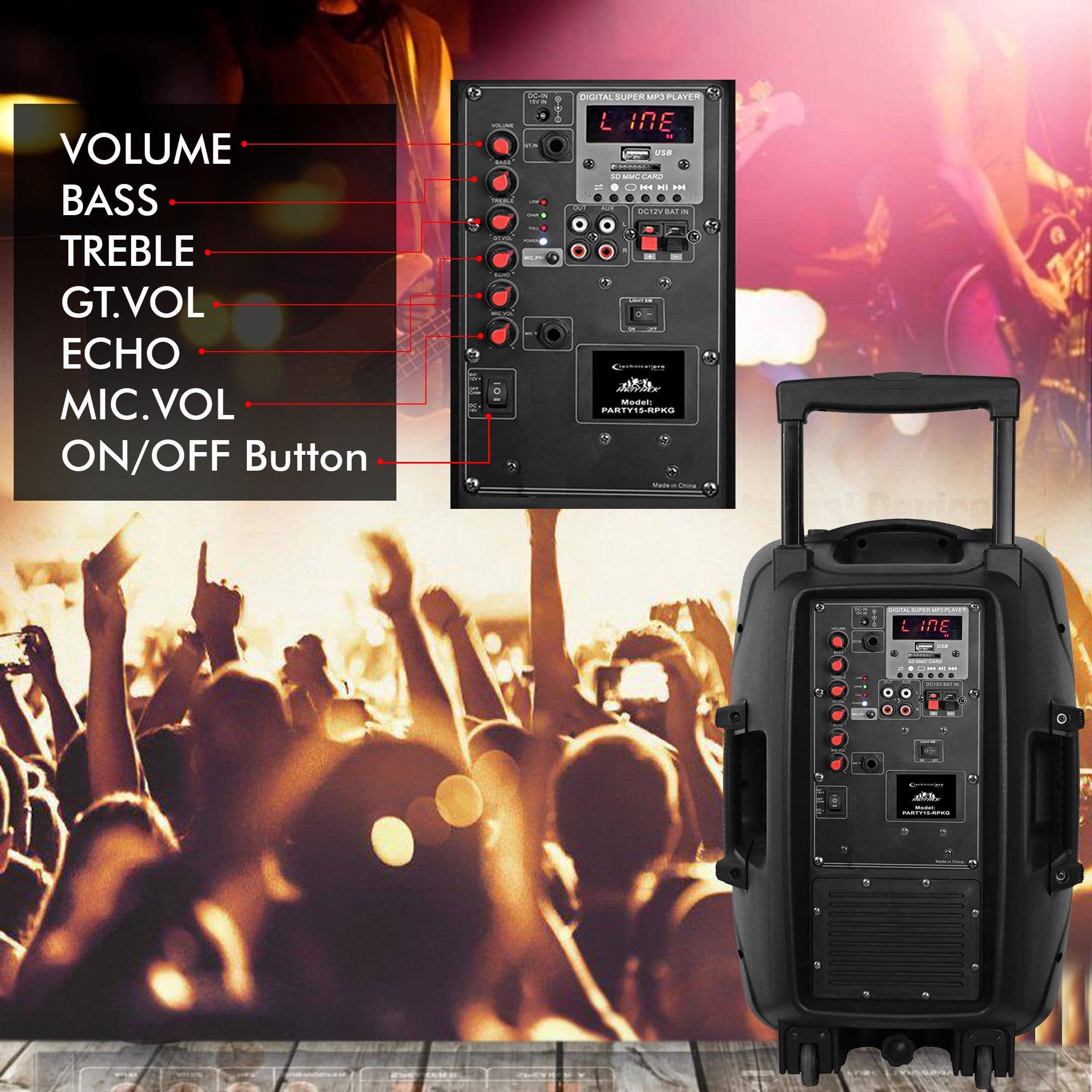 Technical Pro – wholesale Speakers – 15" Rechargeable Bluetooth LED Loudspeaker w Microphone3