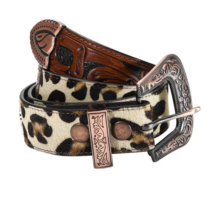 Leather Impressions Inc - Wholesale Belt - Women's - Mixed media leopard print tooled leather belt #ABB 001