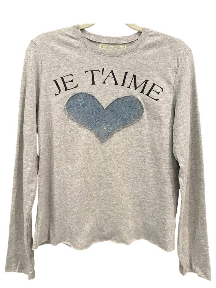 T-shirt a maniche lunghe in denim vintage Heart-Je T'aime (I Love You) per la vendita all'ingrosso da parte di Suzy T Designs