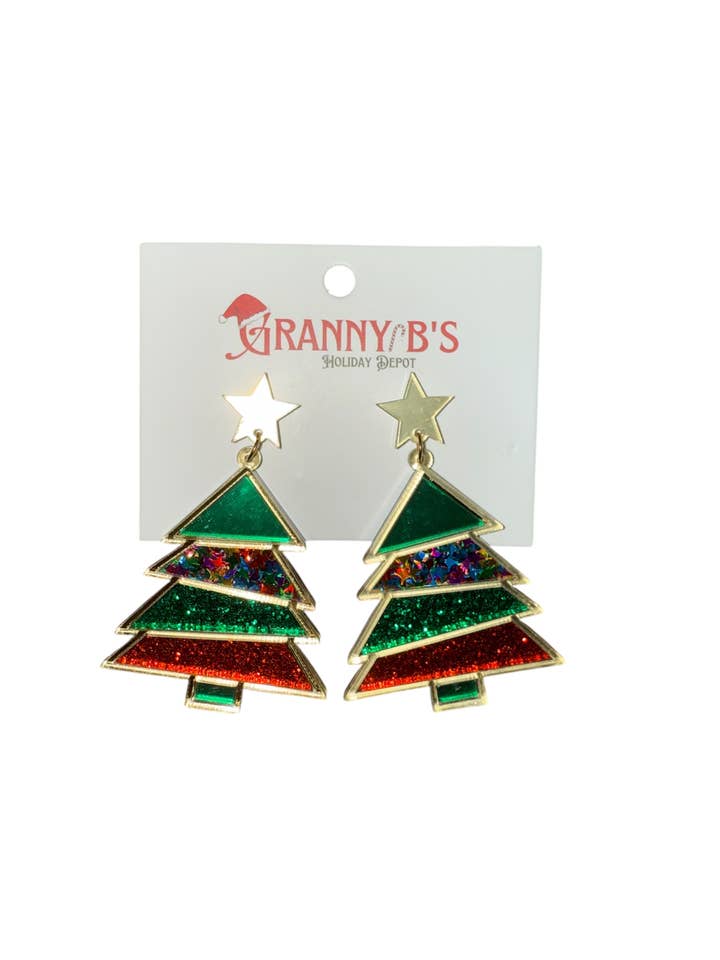 Green Gold and Red Tree Earrings for wholesale by Granny B's Holiday Depot