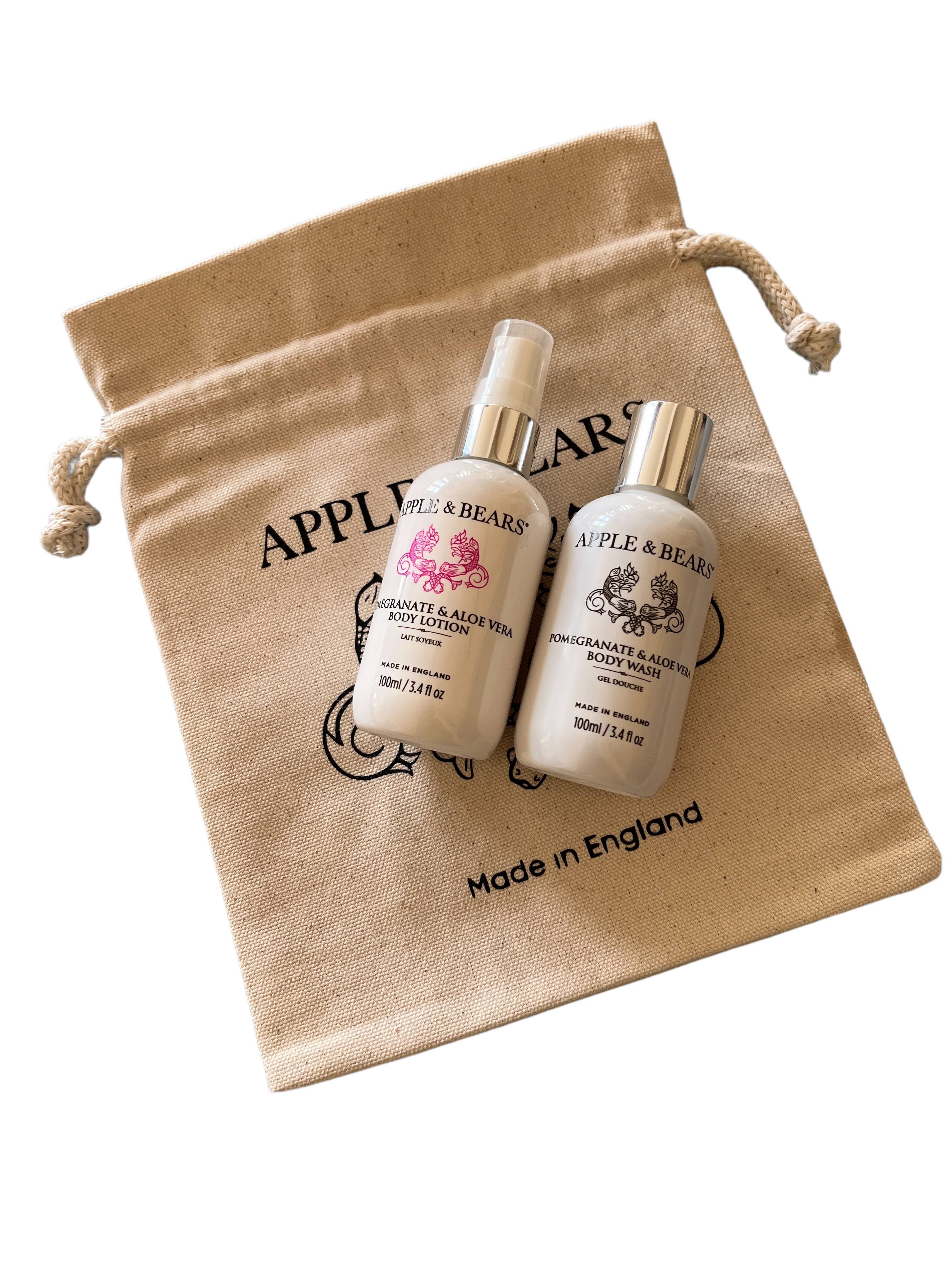 APPLE & BEARS – Großhandel Bade- & Körperpflege-Set – Reiseset mit Granatapfel und Aloe Vera, Wash & Lotion, 100 ml/3.413