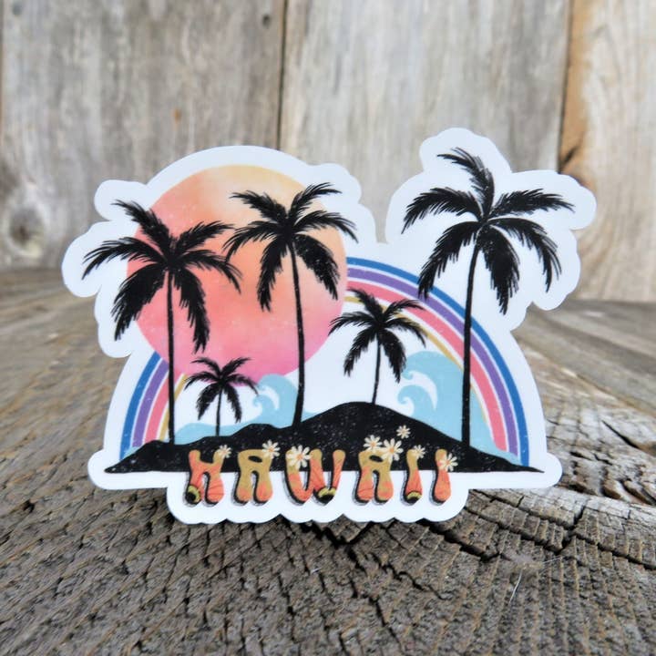 Hawaii Island Rainbow Sticker Retro Colored Decal Palm Tree Full Color Waterproof Travel Souvenir Car Water Bottle Laptop for wholesale by Kirk's Krafts