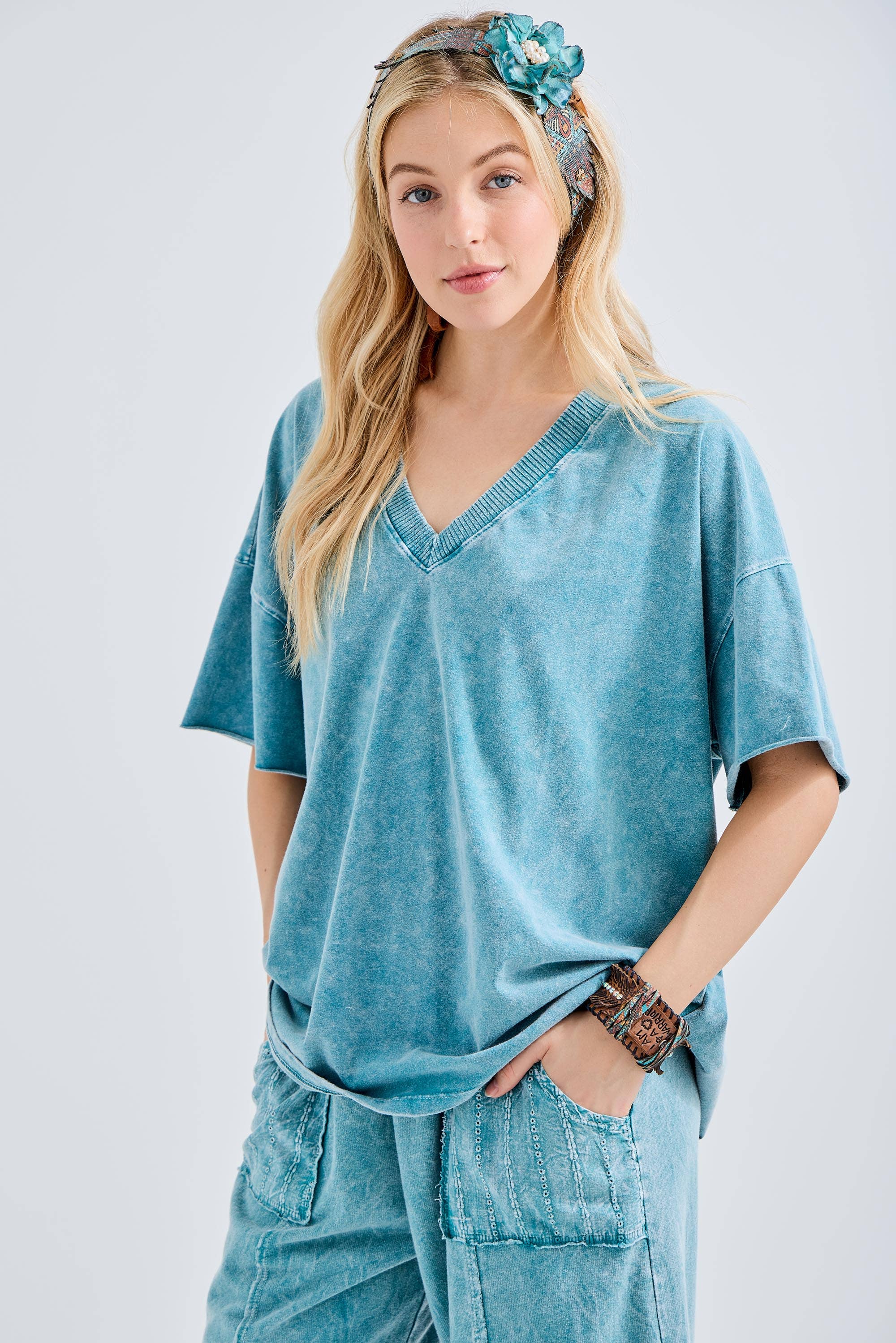 J.Her - Vente T-shirt – femme - T-shirt col en V MineralWash quotidien HT416615