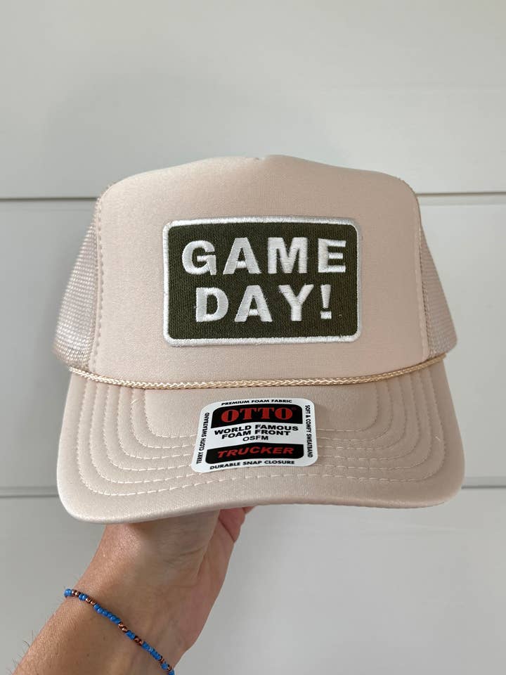 GAME DAY! Patch Hat | Olive/White/Tan for wholesale by The Day Away Collective