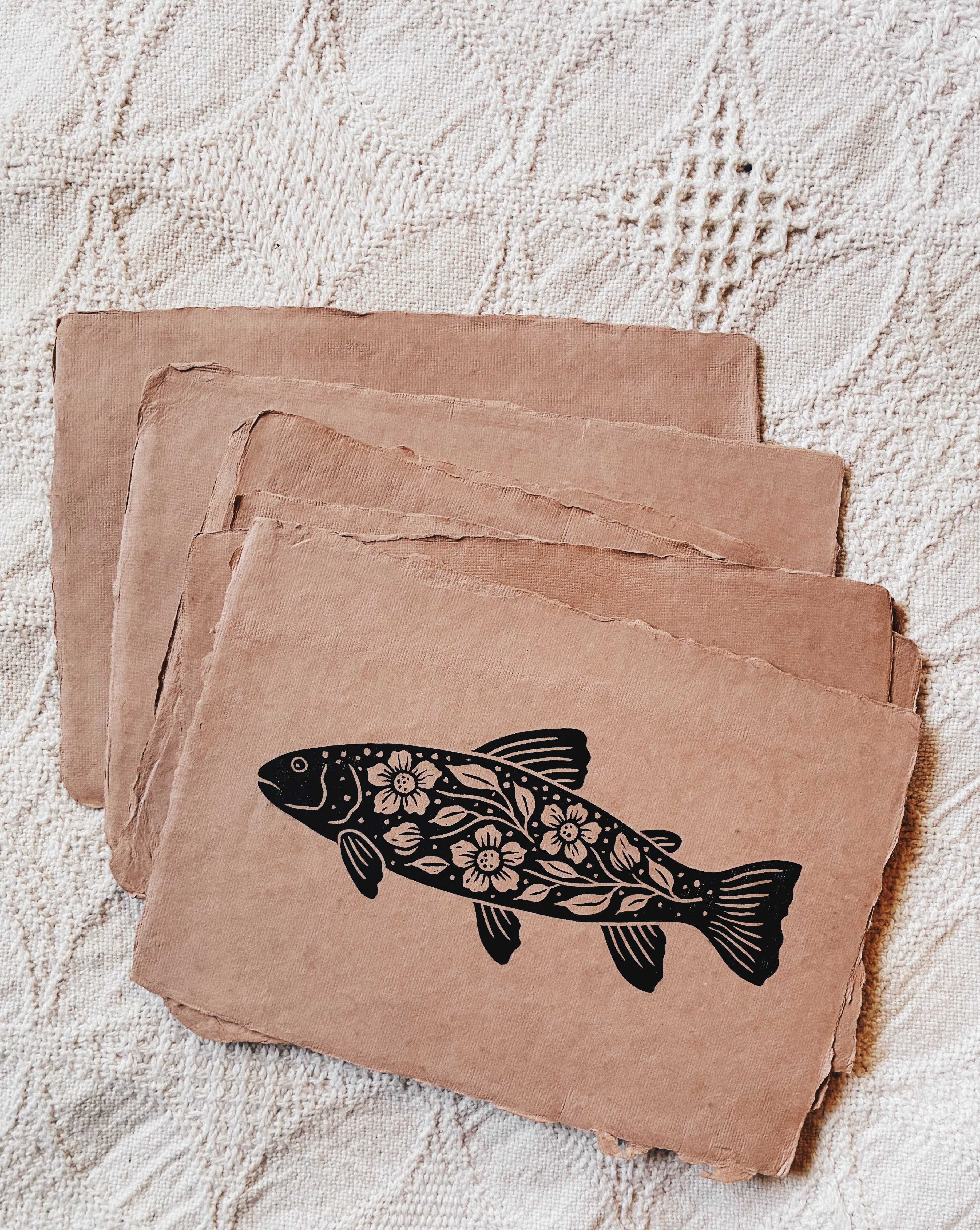 Flora West Design - Wholesale Art Print - 5x7 Folk Floral River Trout Block Print on Clay Handmade2