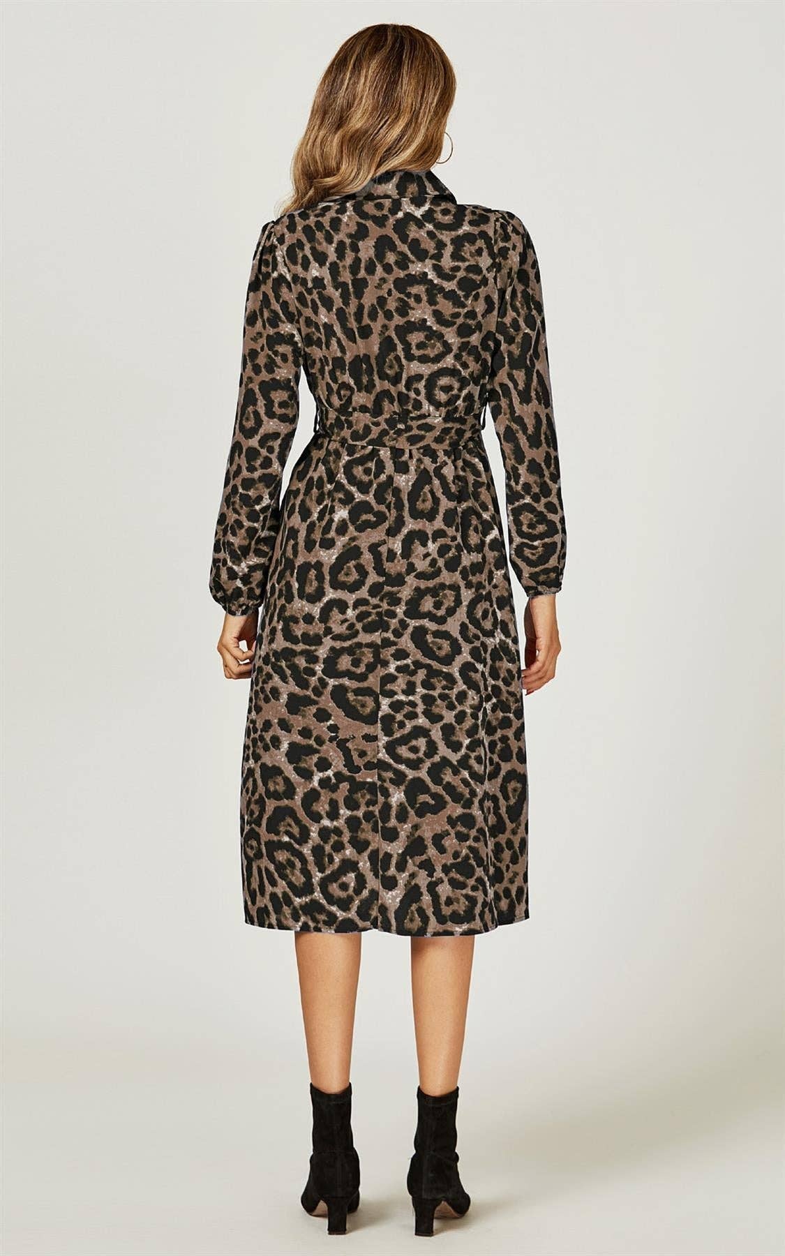 Leopard Print Split Leg Midi Shirt Dress In Brown for wholesale on Faire2