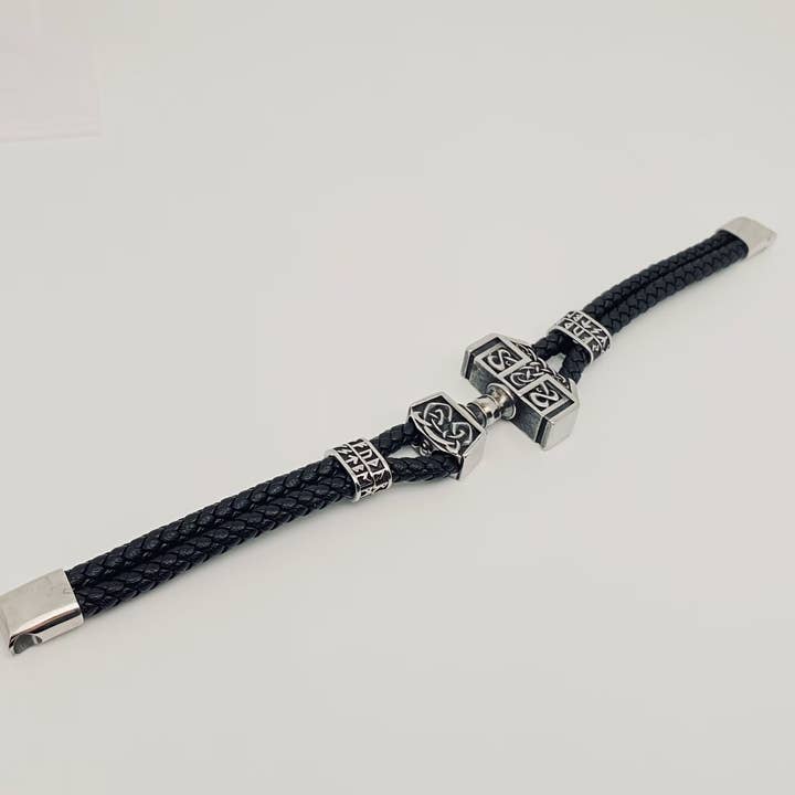 Mio Queena - Wholesale Woven/Braided Bracelet - Stainless Steel Thor's Hammer Pendant Woven Leather Bracelet3