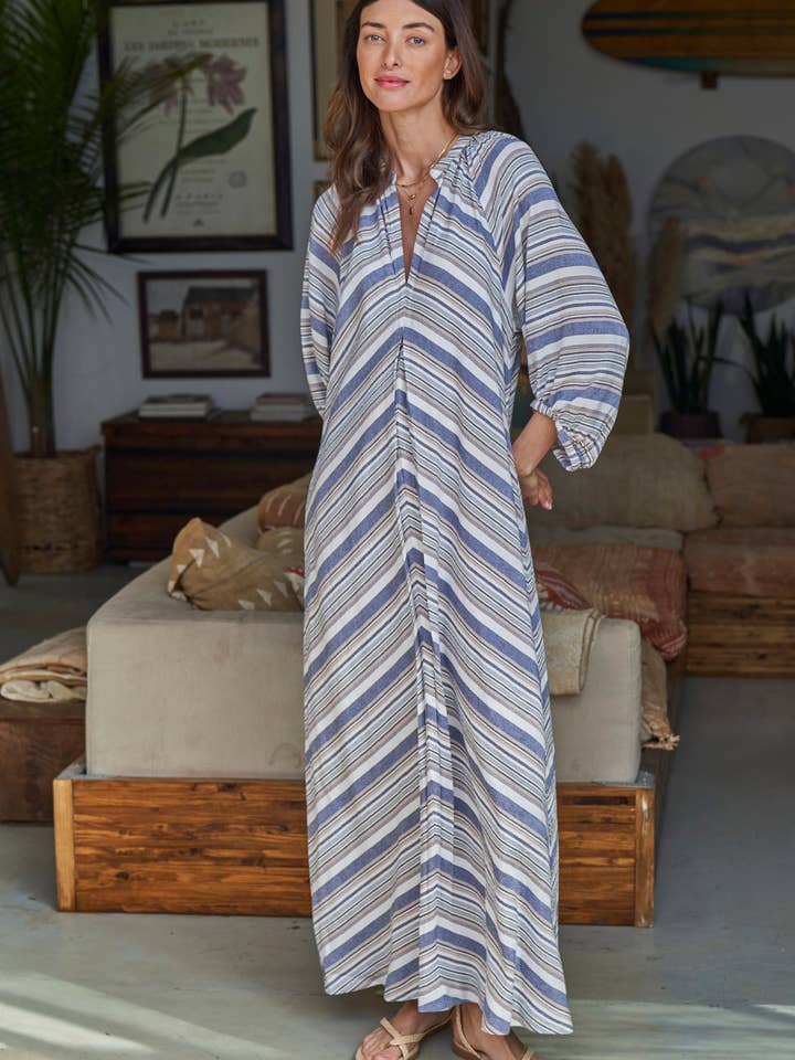 Vestido Túnica de Algodão às Riscas Azul Marinho e Marfim por atacado de ocean+main