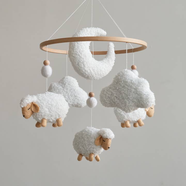 ChilDreams - Wholesale Baby Mobile - Boucle Sheep Baby Crib Mobile, White boucle clouds mobile