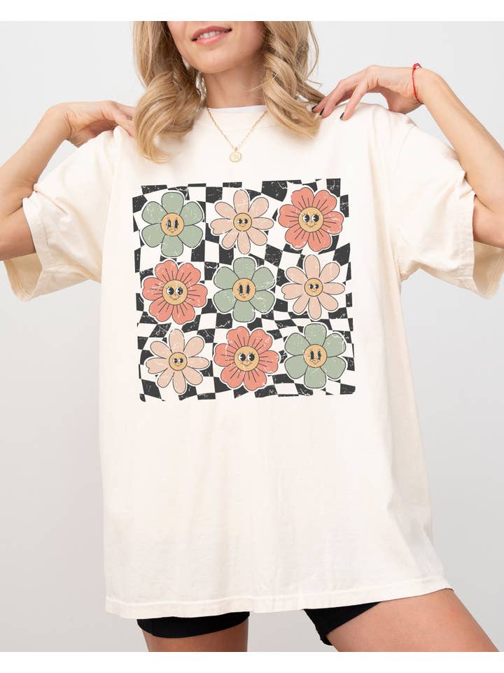 Refinery Number One LLC – wholesale T-shirt (graphic) – women's – Retro Flowers, Checkered, Daisies, Hippie, Positivity Shirt