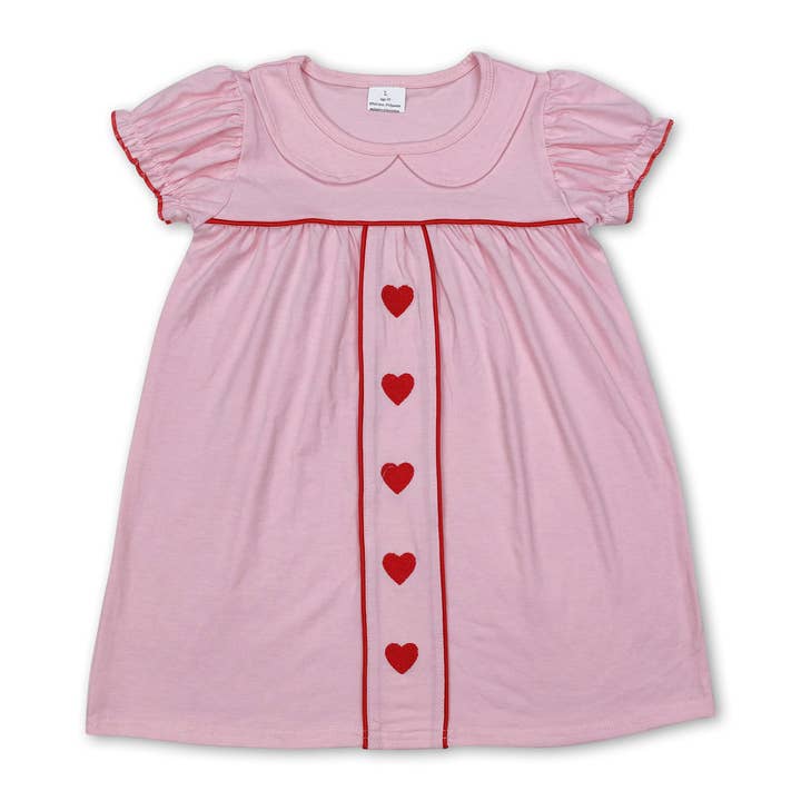 Short sleeves pink heart kids girls valentine's dress for wholesale by Yawoo Garments