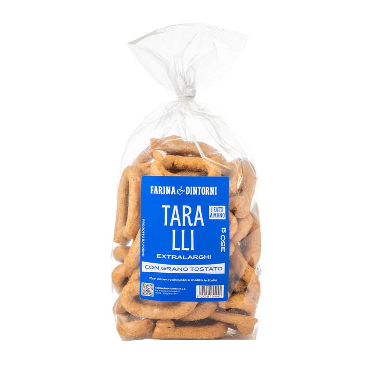 Ekstra brede taralli med ristet korn 350g for engroshandel hos farinaedintorni