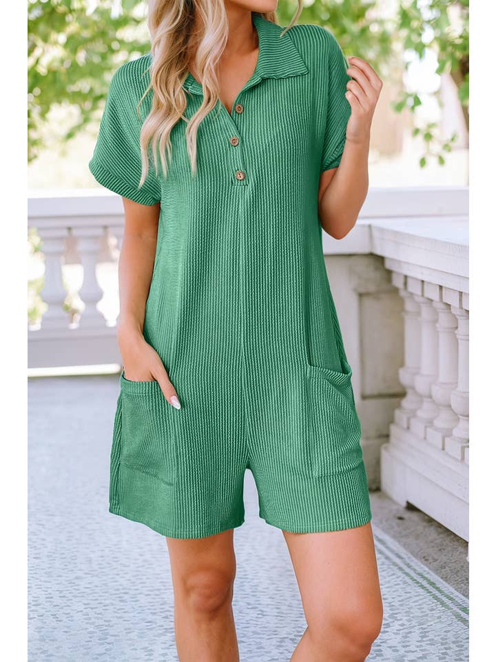 Grass Green LDC Corded Knit Side Pockets Collared Short Sleeve Romper for wholesale on Faire