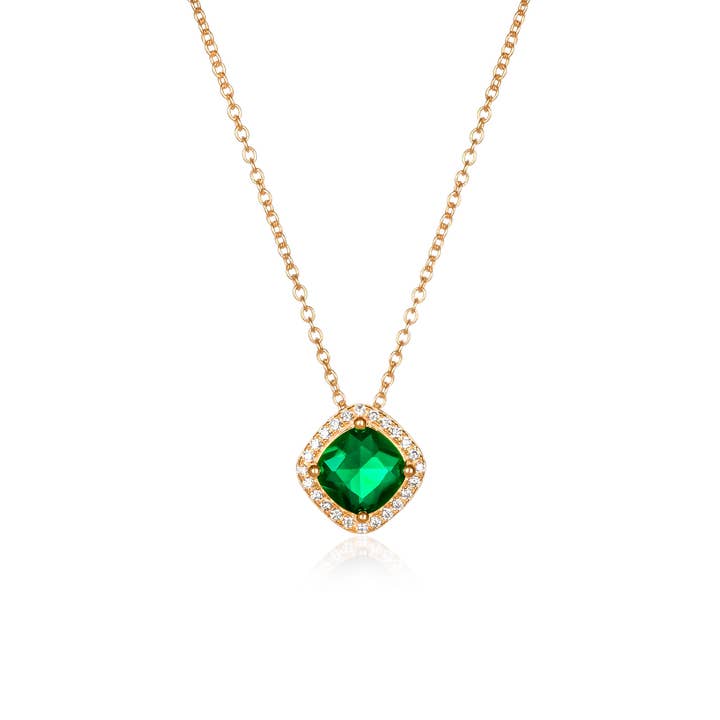 Gold Plated Sterling Silver Green Cubic Zirconia Cushion Halo Pendant Necklace for wholesale by Namana