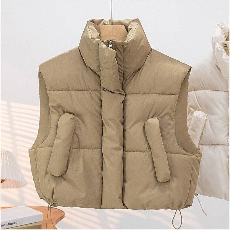 FurDecoration – Großhandel Oberbekleidungsweste – Damen – Farblich einfarbige, dicke, locker sitzende kurze Baumwollweste mit Stehkragen5