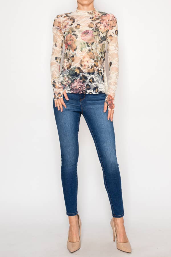 Sheer Flower Lace Mesh Long Sleeve Top – OLS-4865BG-LEO FL for wholesale on Faire1