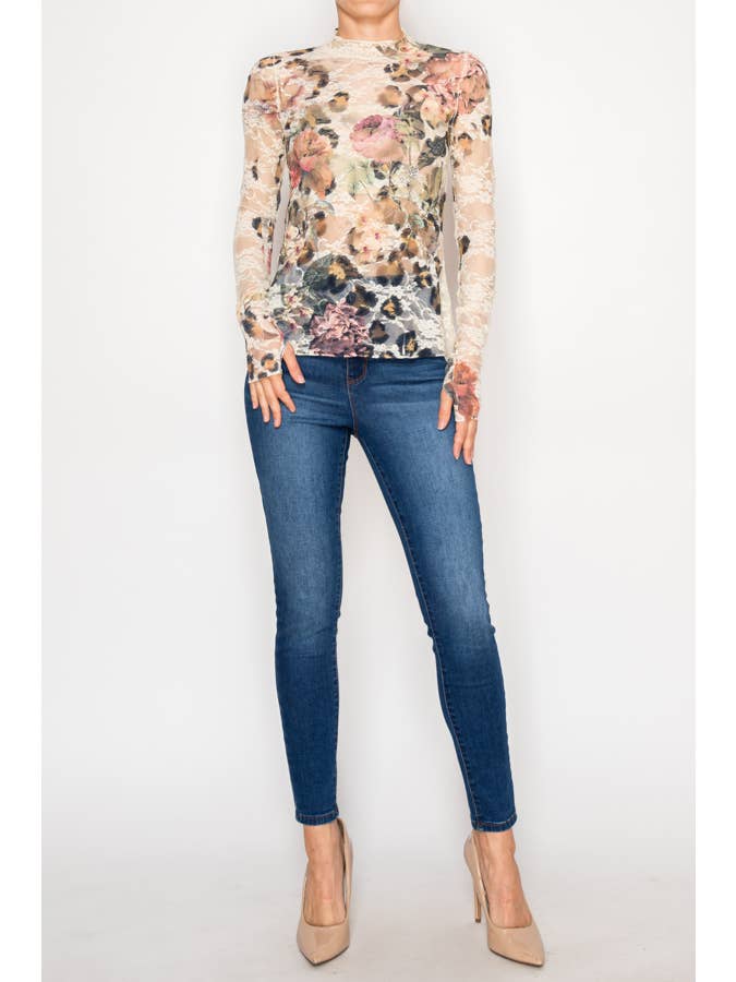 Sheer Flower Lace Mesh Long Sleeve Top – OLS-4865BG-LEO FL for wholesale on Faire1