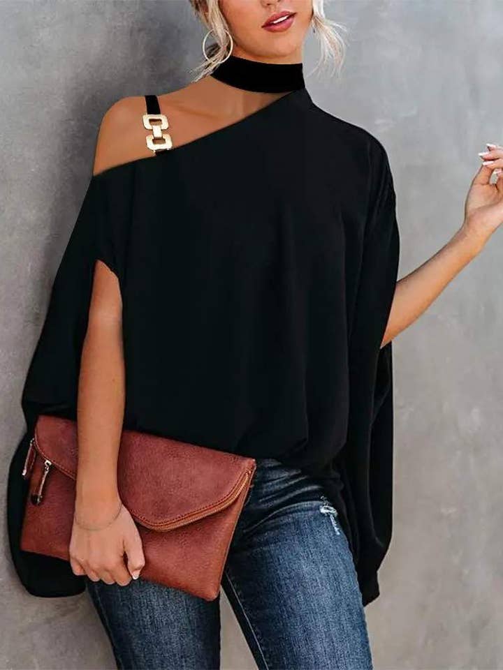 top com design de capa e alças em corrente com ombros à mostra por atacado de Queen Fashion