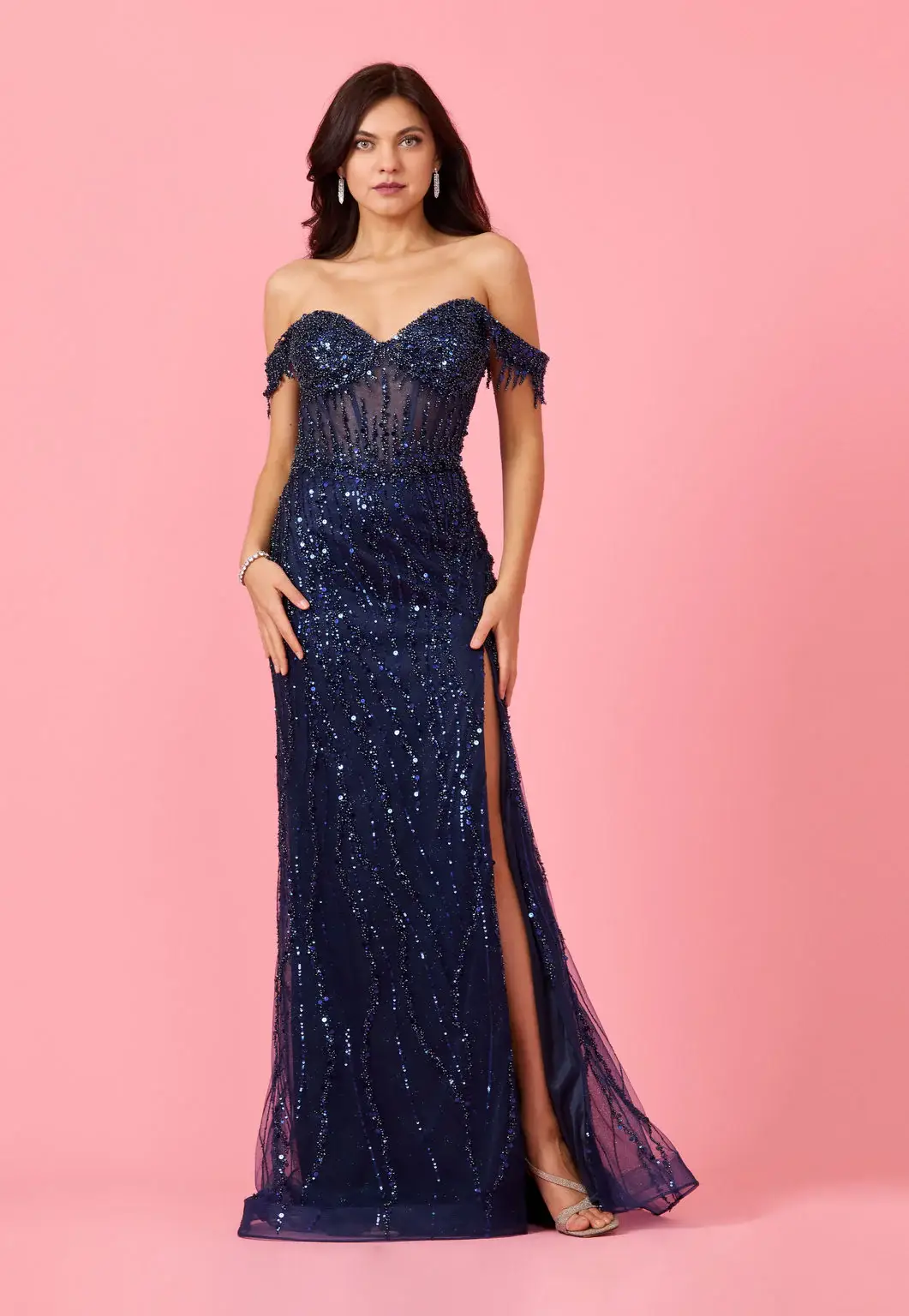 Kos Couture - Vente Robe de soirée – femme - Robe de bal formelle à sequins avec épaules dénudées ajustée8