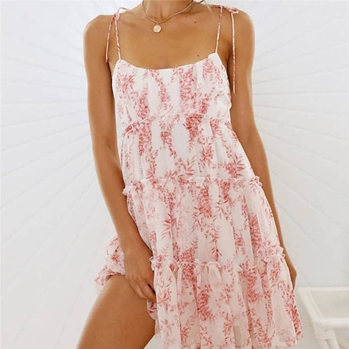 Mini abito a strati a vita alta con stampa a collo spaghetti annodato senza maniche per la vendita all'ingrosso da parte di Sheer Trend