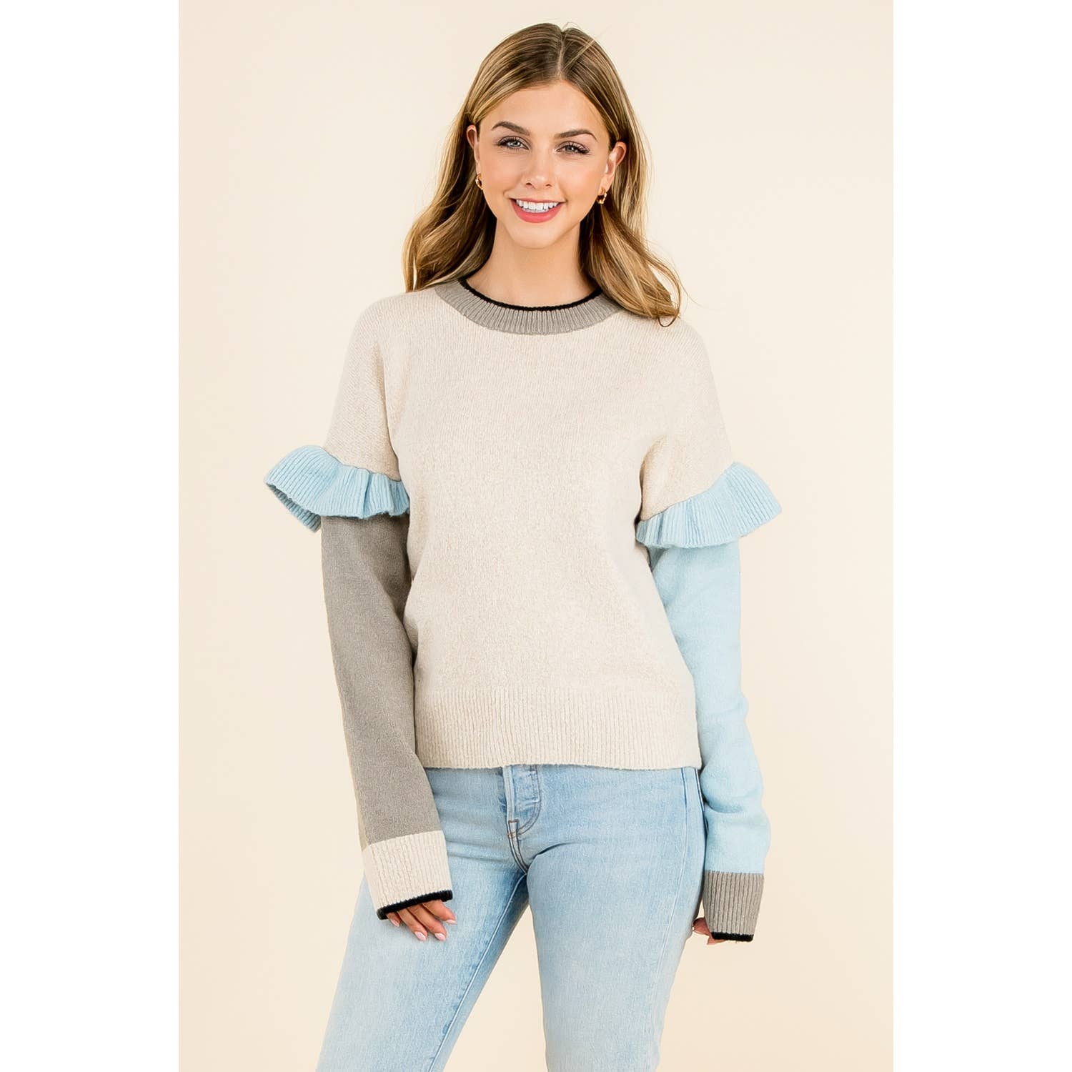 BEIGE Maglione a blocchi di colore con maniche a balze in vendita all'ingrosso su Faire0