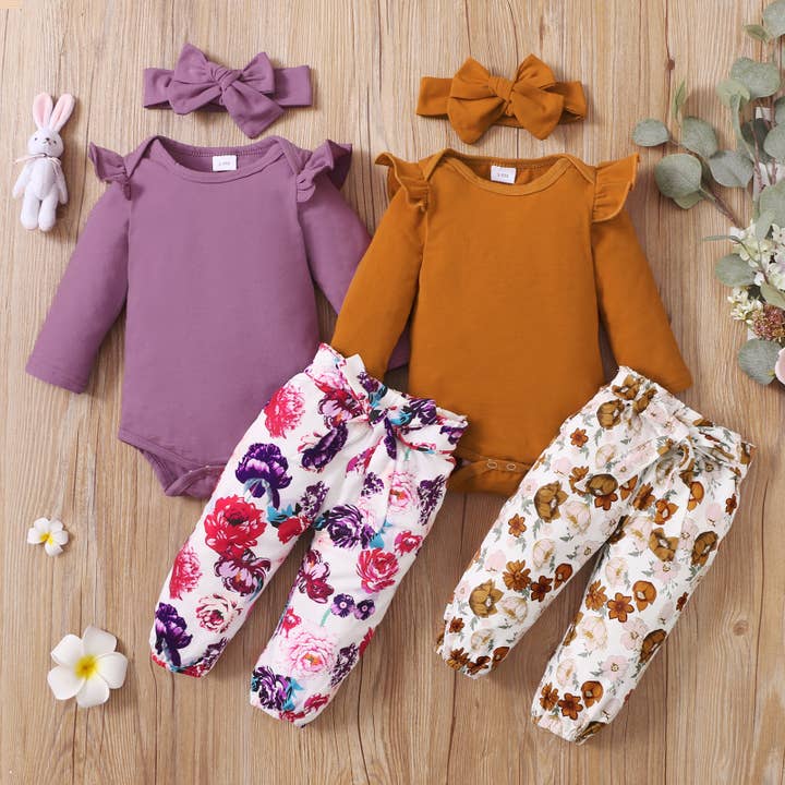 PatPat - Wholesale Clothing Set - Baby - 3-piece Crimson Romper and Floral Pants with Headband Set
