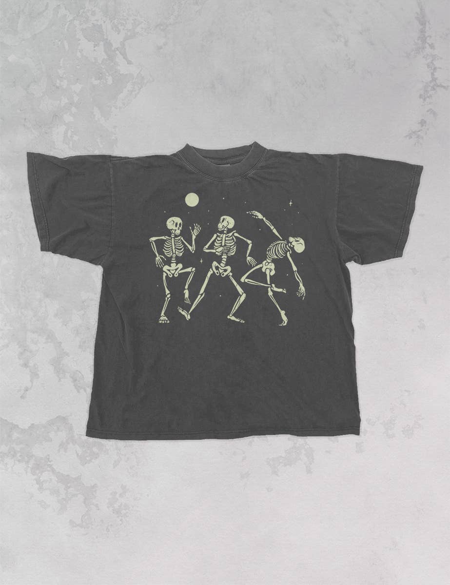 The Clandestine Underground - Wholesale Screen printed t-shirt – Women′s - Dancing Skeleton Under A Moon Boxy Cotton TShirt