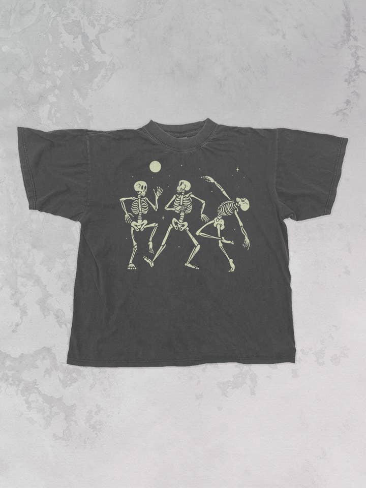 Dancing Skeleton Under A Moon Boxy Cotton TShirt for wholesale by The Clandestine Underground