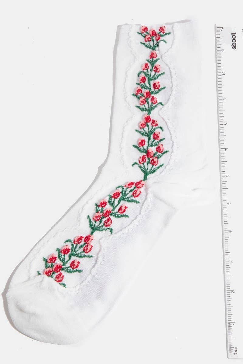 White Floral Tulip Vine Embroidered Socks for wholesale on Faire2