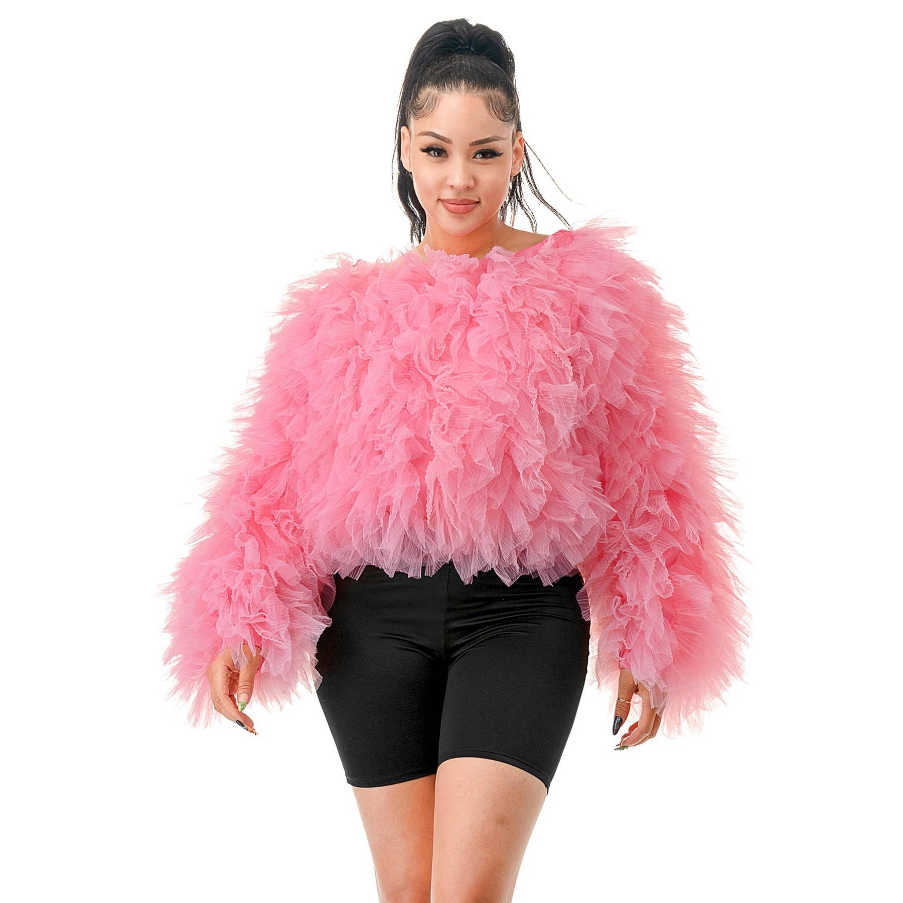 DORCAS - Wholesale Blouse - Women's - Plus Long Sleeve Ruffle Tulle Top Blouse4