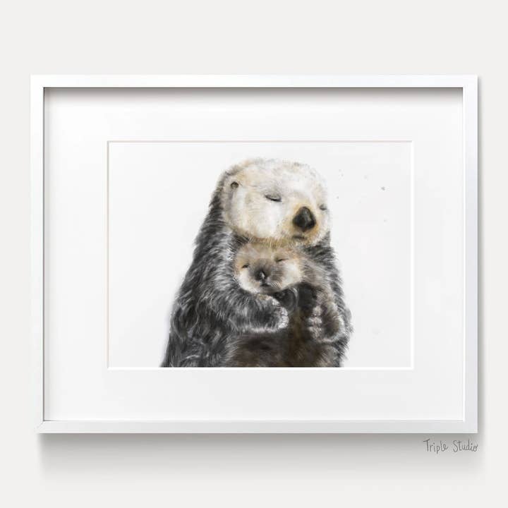 Triple Studio - Venta al por mayor Ilustración - Impresión artística Sea Otter Mom and Baby | Decoración de pared del cuarto de niños del océano1