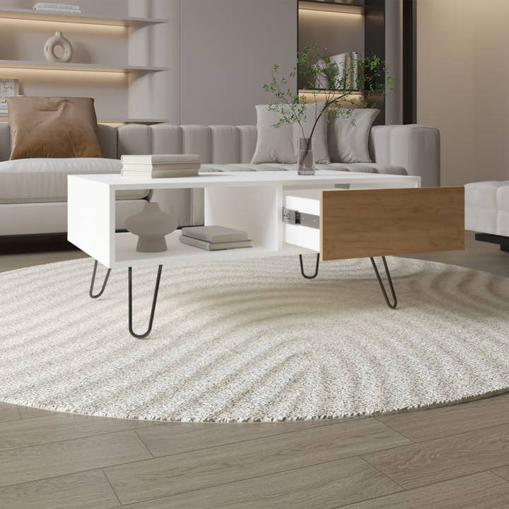 Tori 39" Wide Coffee Table with One Drawer, One Shelf, Rectangular, Living Room White - NAtural Oak for wholesale on Faire5