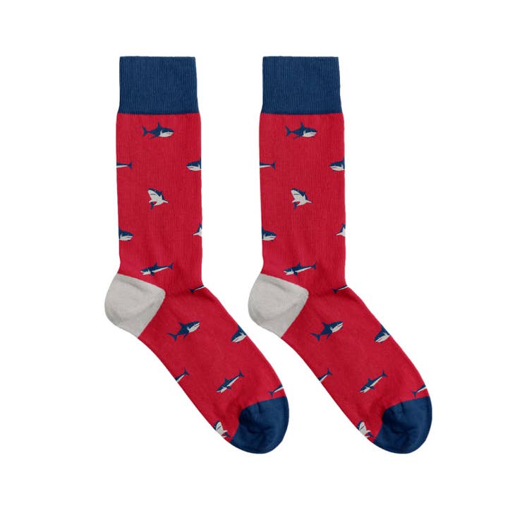 Billy Brown Socks | Men's Shark Socks | Red & Blue Socks for wholesale by Oli Olsen
