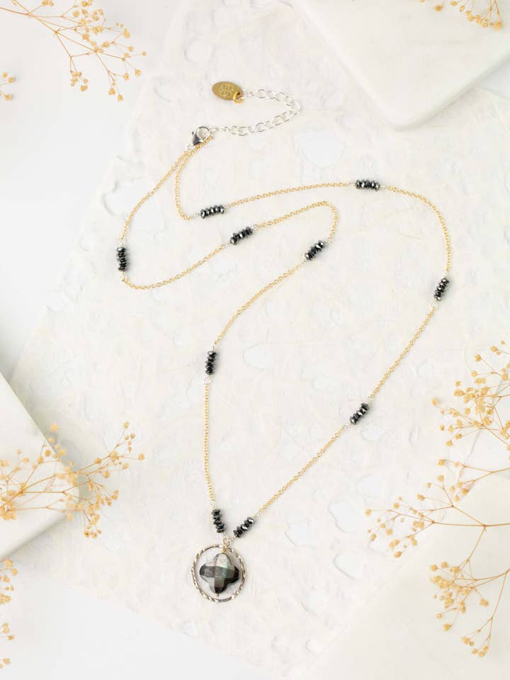 Nightfall 21-23" Black Hematite Rondelle With Black Lip Shell Clover Collage Necklace for wholesale by Anne Vaughan Designs Jewelry