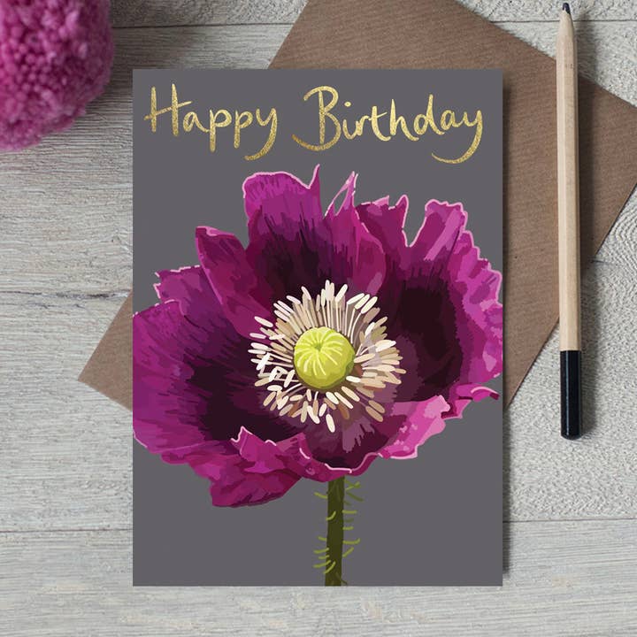 IB 02 - Happy Birthday Purple Poppy Greeting Card for wholesale by Sarah Kelleher