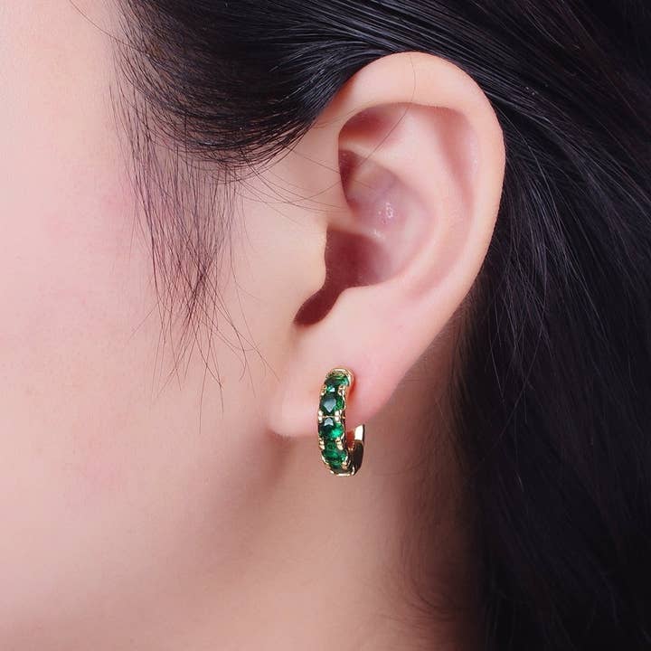 Aim Eternal - Wholesale Huggie Earrings - 24K Gold Filled Emerald Green Micro Pave Cubic Zirconia 16.5mmx17mm Huggie Hoop Earrings | AD-5071
