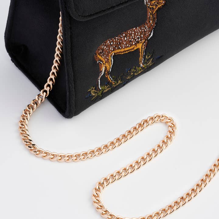 Fable England - Venta al por mayor Bolsa de asa- Mujer - Bolso de terciopelo negro bordado con ciervo y luna - Reino Unido, EE. UU. y UE5