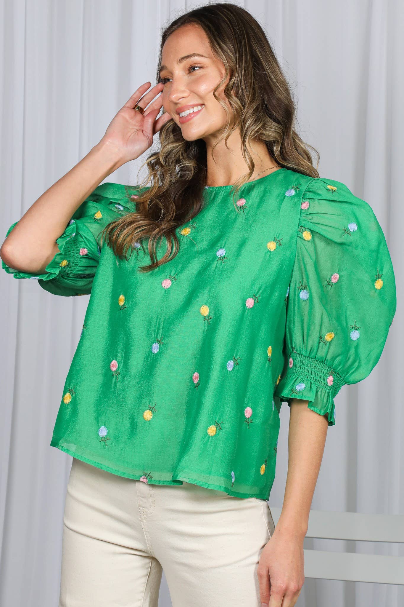 Vine & Love - Wholesale Blouse - Women's - Floral Embroidered Round Neck Organza Blouse Top VT82255-13