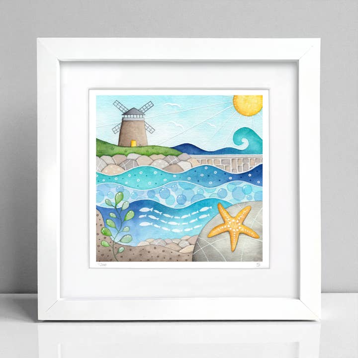 Starfish and Windmill Art Print - Framed - Seaside Painting for wholesale by East Neuk Beach Crafts