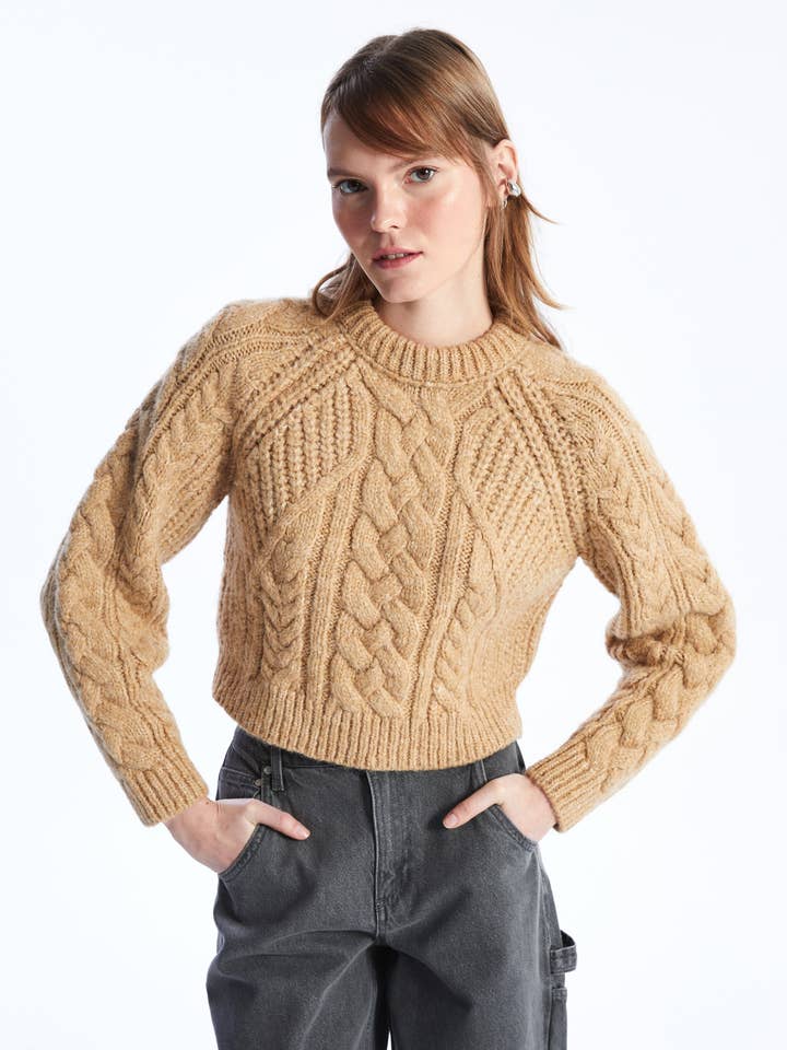 Crew Neck Cable Knit Soft Textured Camel Sweater for wholesale by Alse Studio