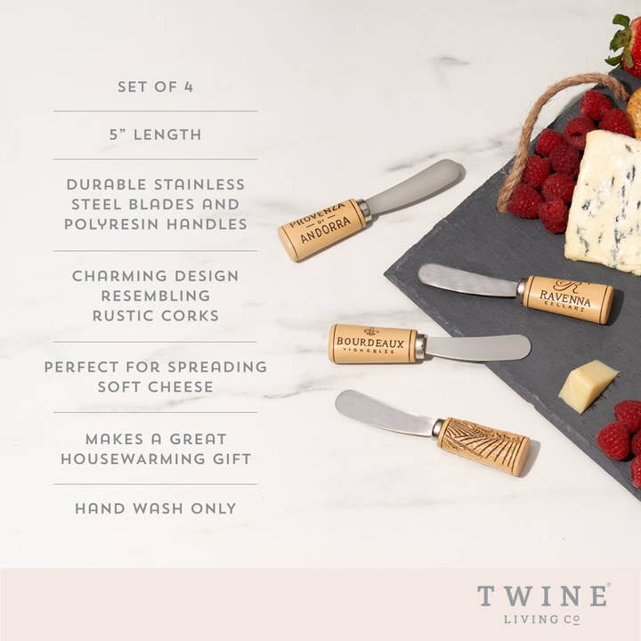 Twine - Wholesale Cheese Spreader - Cork Themed Stainless Steel Cheese Spreaders - Set of 4