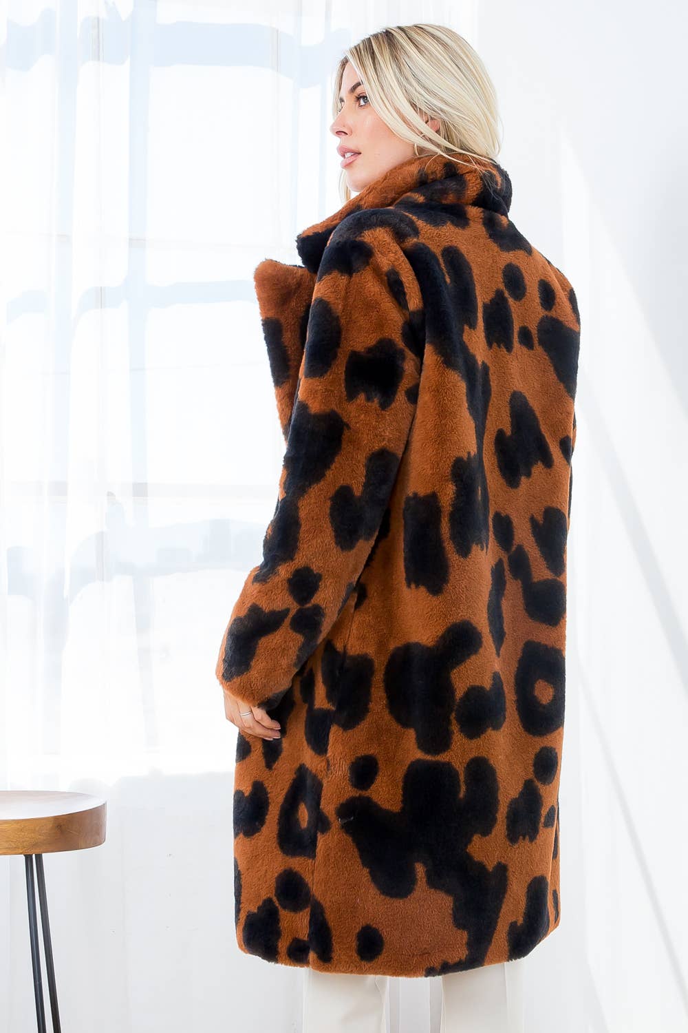 Camel Black Printed Soft Faux Fur Overcoat for wholesale on Faire3