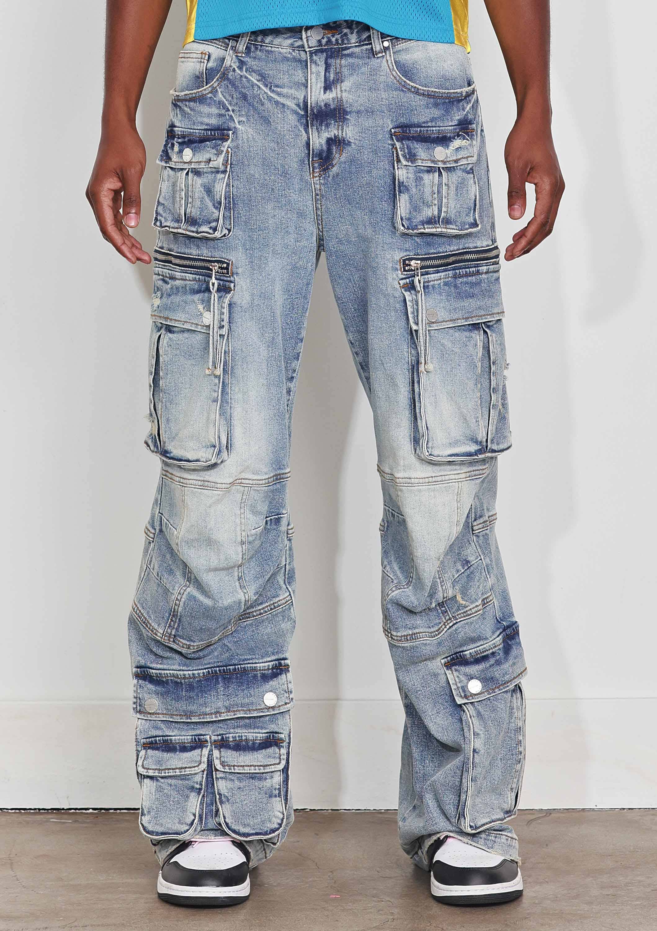 Light Stone Tint WASHED MULTI CARGO DENIM Y2K PANTS for wholesale on Faire0