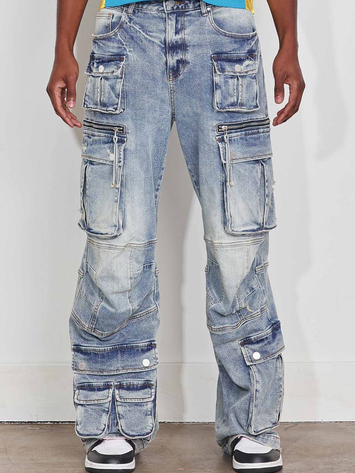 WASHED MULTI CARGO DENIM Y2K PANTS for wholesale by First Row