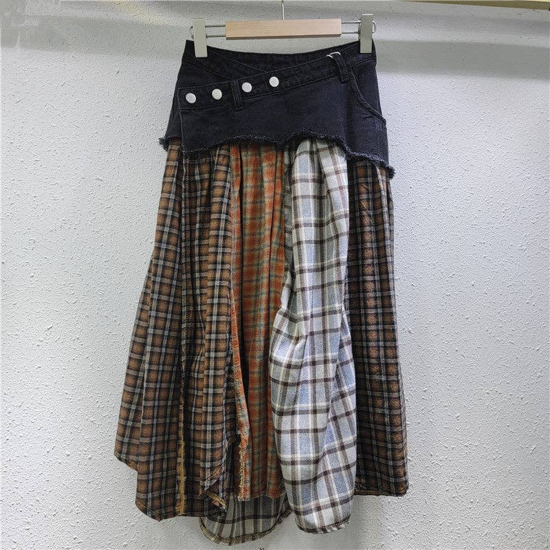 Sanyao Fashion – wholesale Skirt – Women’s – M188 Spliced Plaid Denim High Waist A-Line Midi Skirt1