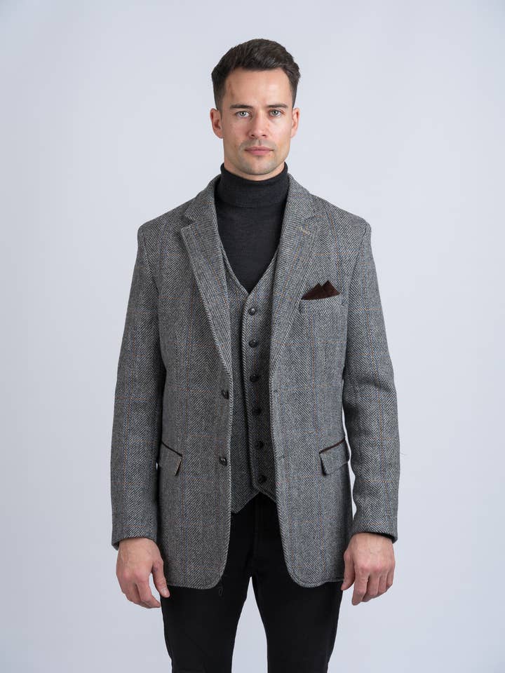 Grey Hunting Tweed Jacket with Moleskin Trim for wholesale on Faire