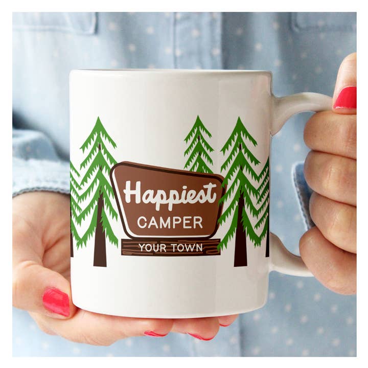 Happiest Camper NPS Sign - Name Drop City Mug - Any Town! for wholesale by Rock Scissor Paper