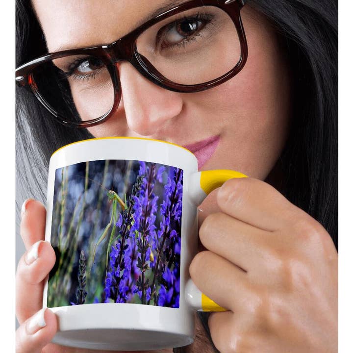 3dRose - Wholesale Coffee Mug - 3dRose, Praying Mantis sitting in blue flowers , Mug1