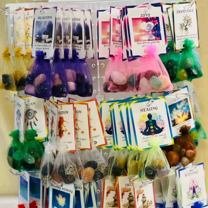VPS Stones Inc. - Wholesale Spiritual Stone/Crystal - Display of 36 Crystal Healing Bags and 36 Oils -Free Display