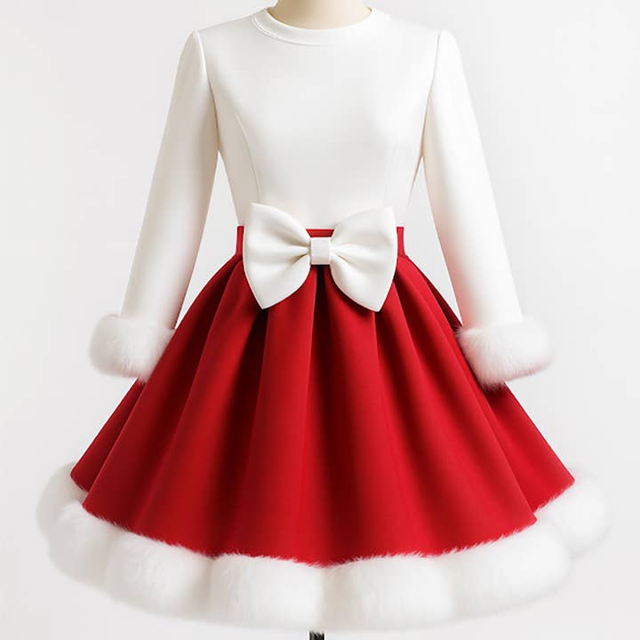 Red Skirt White Top Girls’ Holiday Dress with Bow for wholesale by Fennco Styles